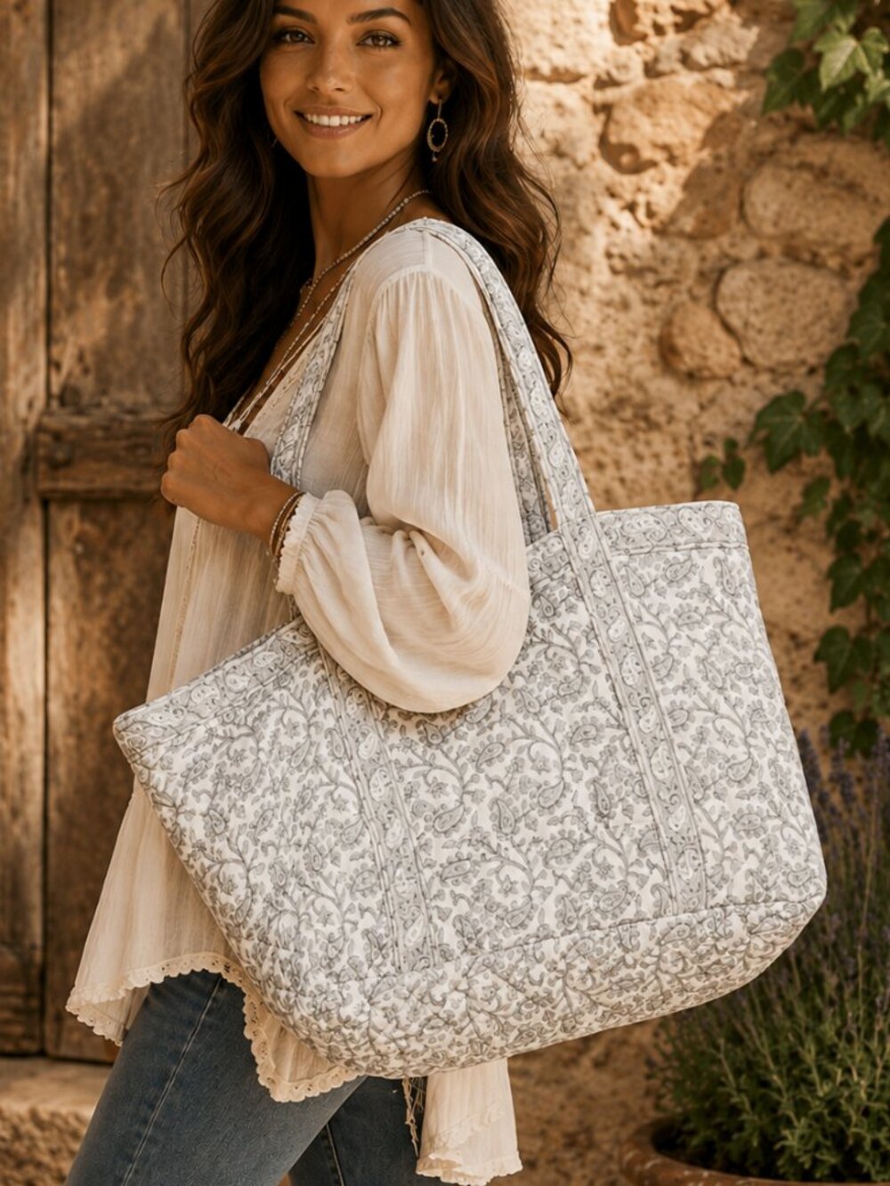 Oversized POL Quilted Boho Tote Soft Slouchy Roomy Coastal Coastal Carryall